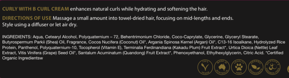 Natural curl defining cream for wavy curly and coily hair made in Australia by Curly with B