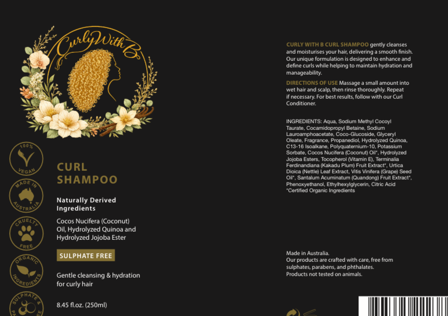 Natural curl shampoo for wavy curly and coily hair made in Australia by Curly with B