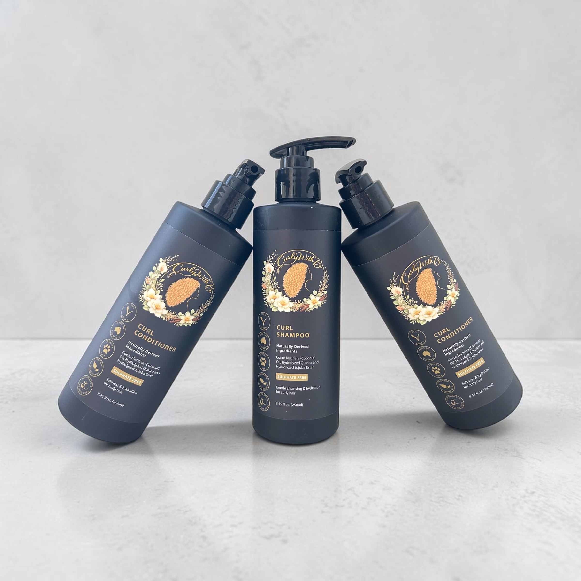 Natural curl shampoo and conditioner for wavy curly and coily hair made in Australia by Curly with B