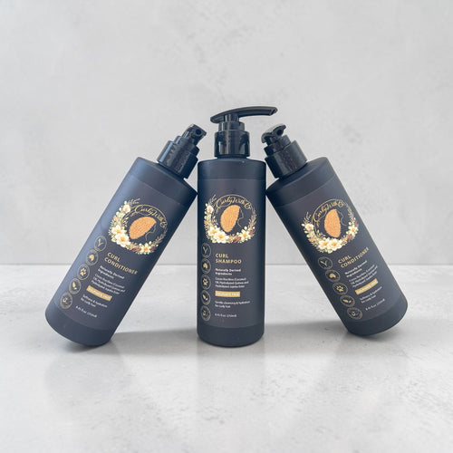 Natural curl shampoo and conditioner for wavy curly and coily hair made in Australia by Curly with B