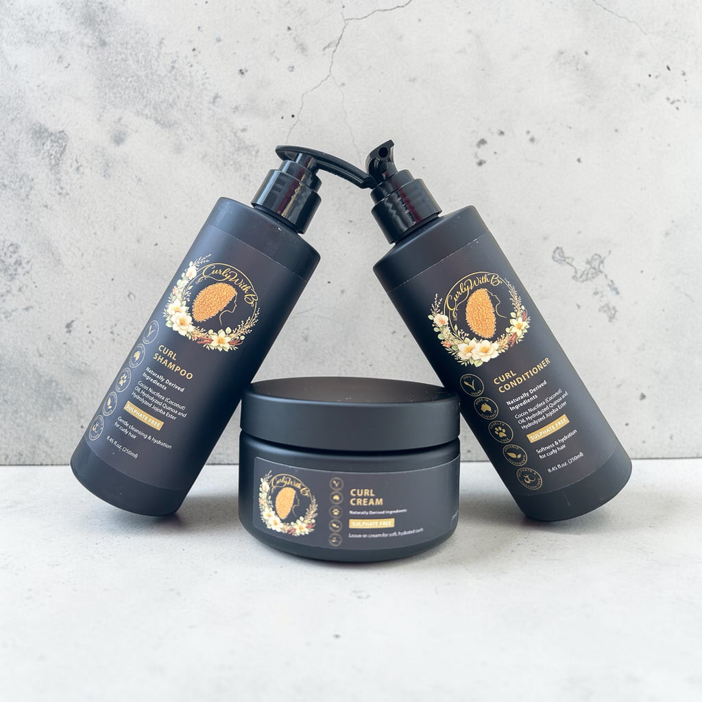 Natural curl shampoo, conditioner and curl cream for wavy curly and coily hair made in Australia by Curly with B