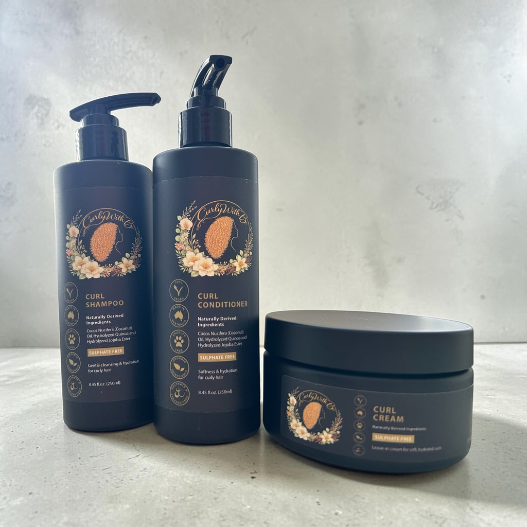 Natural curl shampoo, conditioner and curl cream for wavy curly and coily hair made in Australia by Curly with B