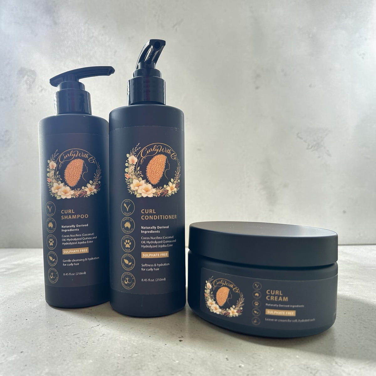 Natural curl shampoo, conditioner and curl cream for wavy curly and coily hair made in Australia by Curly with B