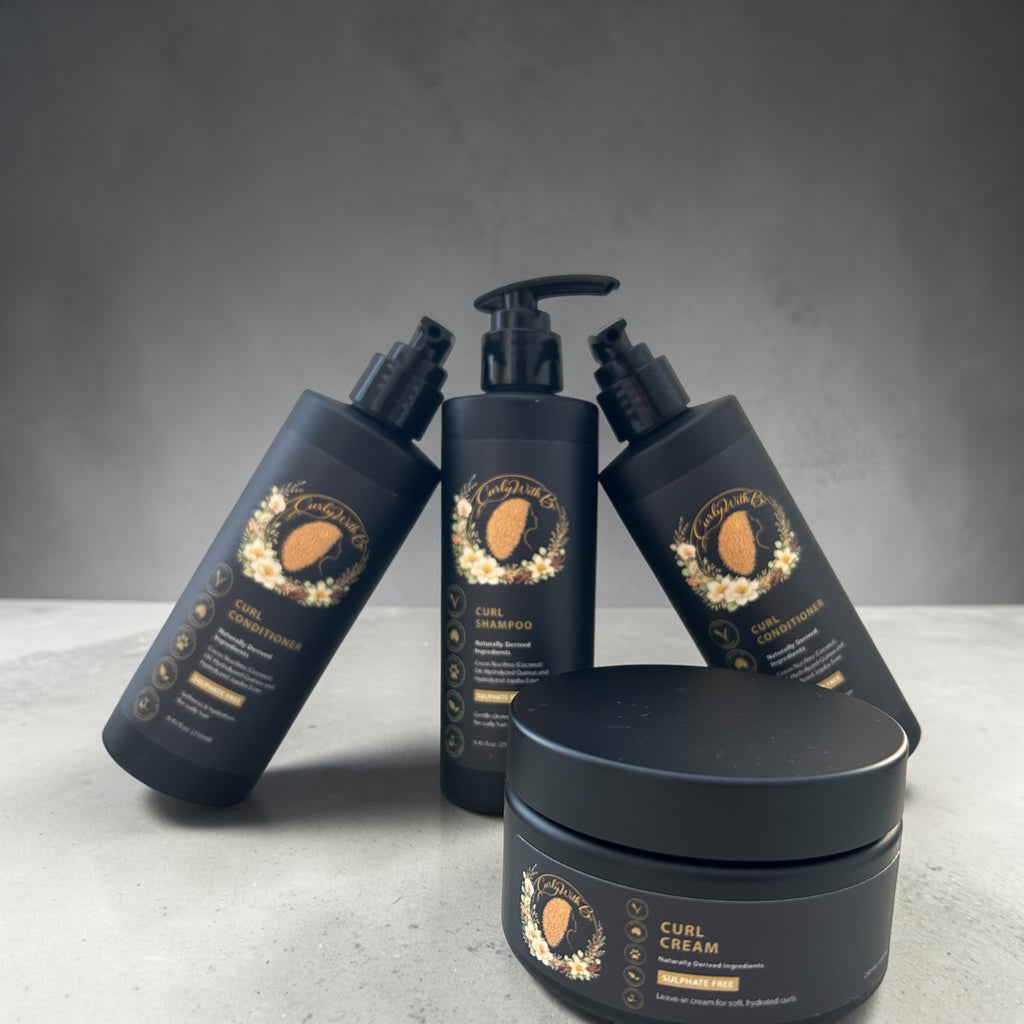 Natural curl shampoo, conditioner and curl cream for wavy curly and coily hair made in Australia by Curly with B