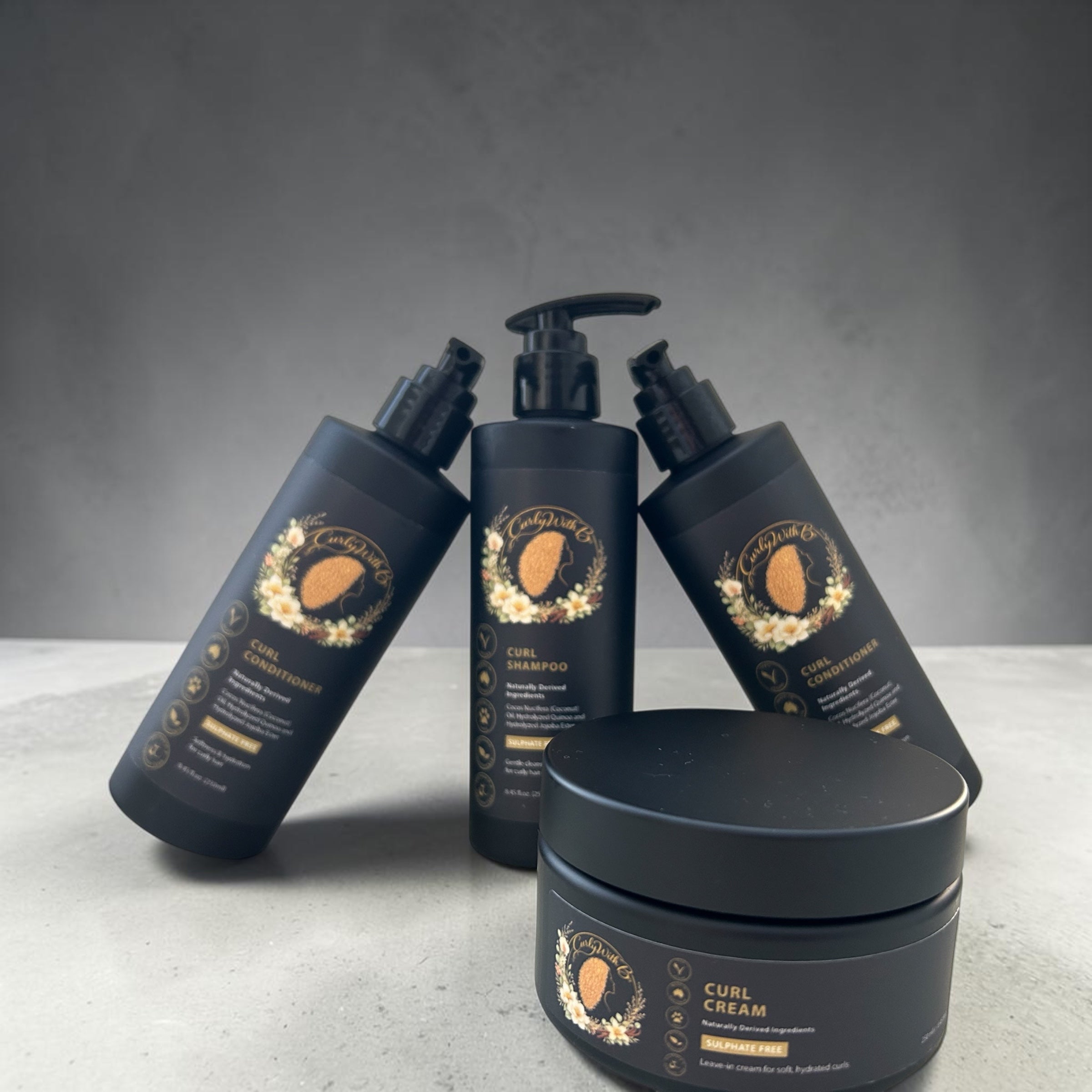 Natural curl shampoo, conditioner and curl cream for wavy curly and coily hair made in Australia by Curly with B